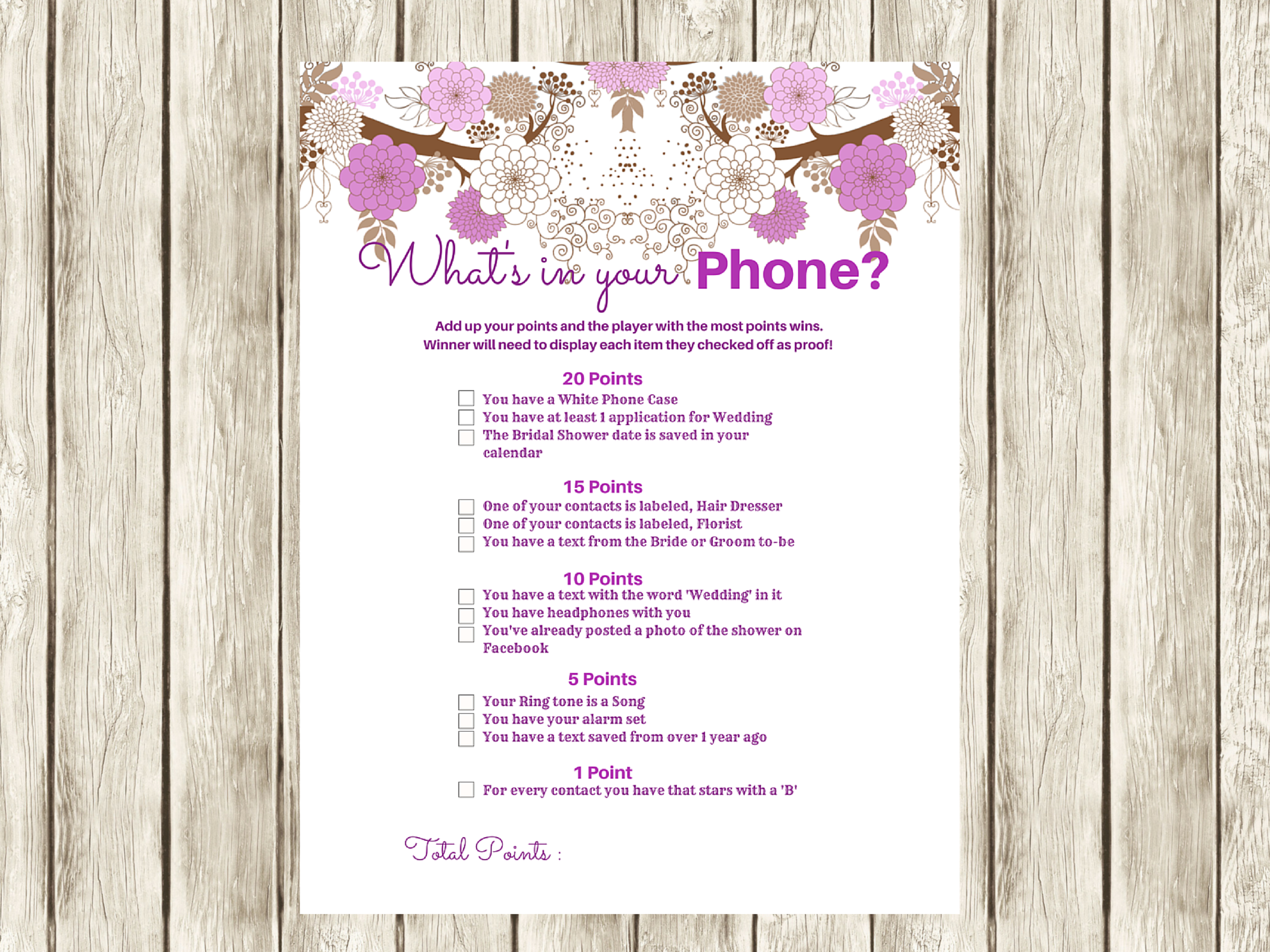 Purple Modern What s In Your Phone Bridal Shower Game Magical Printable