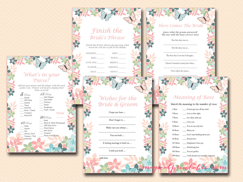Floral And Butterfly Bridal Shower Game Pack Magical Printable