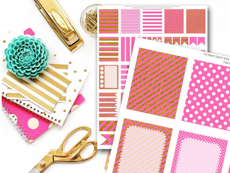 Hot Pink and Gold Peonies Planner Stickers - Magical Printable