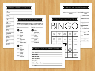 Bridal Shower Games, Bingo, MadLibs, Advice Cards, Word Scramble & What's in Your Purse, Black and White