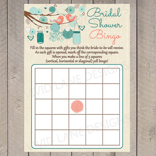 ridal Shower Bingo Card, Love Birds and Mason Jars, Bridal Shower Game, Teal and Coral, Flowers, Vintage Burlap