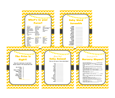 5 Yellow Printable Baby Shower Games, baby word scramble, price is right baby shower game, What's in your purse, Baby Animal, Nursery Rhyme