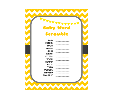 5 Yellow Printable Baby Shower Games, baby word scramble, price is right baby shower game, What's in your purse, Baby Animal, Nursery Rhyme