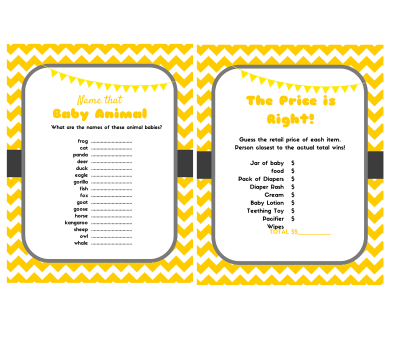 5 Yellow Printable Baby Shower Games, baby word scramble, price is right baby shower game, What's in your purse, Baby Animal, Nursery Rhyme