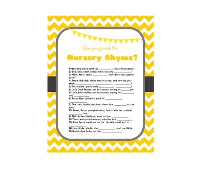 5 Yellow Printable Baby Shower Games, baby word scramble, price is right baby shower game, What's in your purse, Baby Animal, Nursery Rhyme