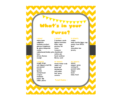 5 Yellow Printable Baby Shower Games, baby word scramble, price is right baby shower game, What's in your purse, Baby Animal, Nursery Rhyme