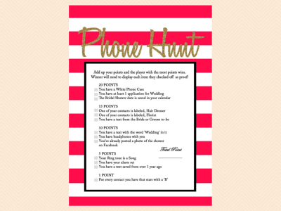 Phone Hunt, What's in your phone, Scramble, Tradition, Bingo Modern stripes, Gold Glitter Bridal Shower Games, Wedding Shower Game 