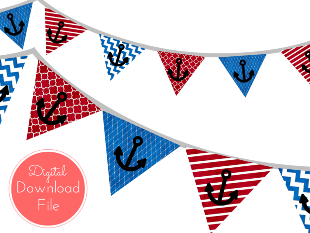 Blue Red Watercolor Nautical Baby Shower Banner - Magical Printable