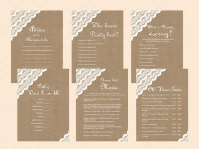 Burlap, Lace, Rustic, Shabby Baby Shower Games Printables, Instant Download, Neutral TLC11