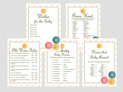 Cute as a Button Baby Shower Games Printables, Gender Neutral Baby Shower TLC22