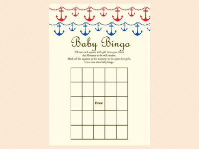 baby bingo, Nautical, Beach Baby Shower Games Printables, Instant download, Anchor, Sea Theme, Blue Red, Unique Baby Shower Games TLC13
