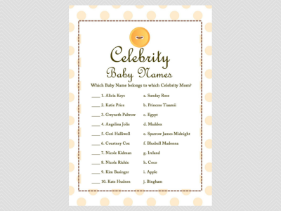 celebrity baby names, cute as a button baby shower them games