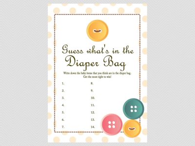 diaper bag, cute as a button baby shower them games