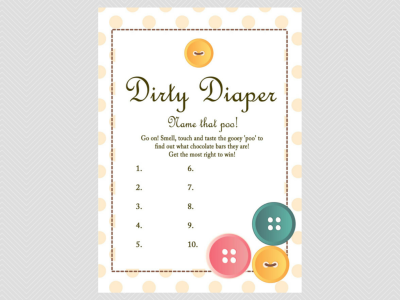 dirty diaper game, cute as a button baby shower them games