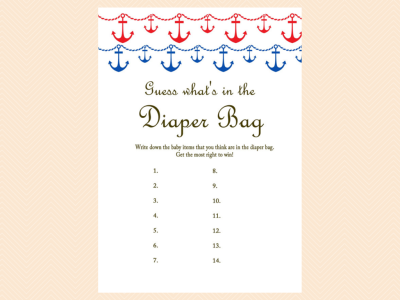 guess whats in the diaper bag, Nautical, Beach Baby Shower Games Printables, Instant download, Anchor, Sea Theme, Blue Red, Unique Baby Shower Games TLC13
