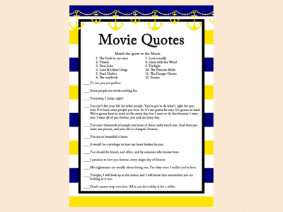 movie quote game,  yellow, blue, navy nautical bridal shower game pack, beach, sea