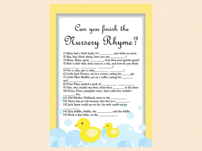 nursery rhyme quiz, Yellow Rubber Duck Baby Shower Game Pack, Printables, Duck Theme, Rubber Duck Baby Shower Game Printables, Gender Neutral, Yellow, TLC35