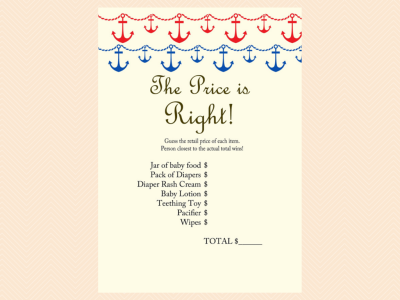 price is right, Nautical, Beach Baby Shower Games Printables, Instant download, Anchor, Sea Theme, Blue Red, Unique Baby Shower Games TLC13