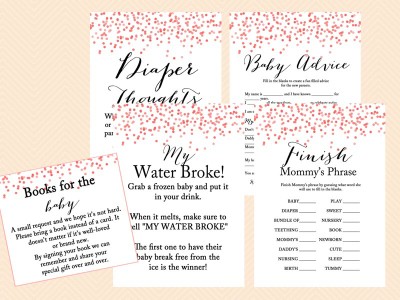 red peach confetti baby shower games, game printables, instant download games, modern design confetti, chic style baby shower