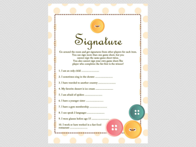 signature, cute as a button baby shower them games