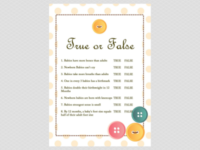 true or false baby shower trivia questions, cute as button theme