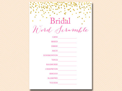 scramble Hot Pink and Gold Confetti Bridal Shower Games