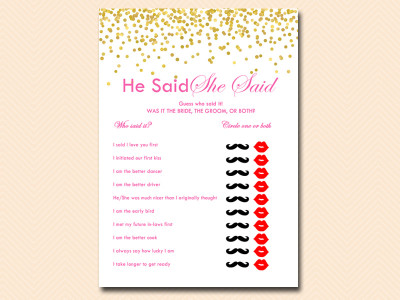 he-said-she-said Hot Pink and Gold Confetti Bridal Shower Games