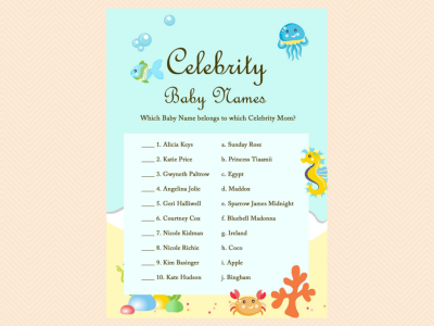 celebrity baby names, celebrity mom game, Beach, Sea, Under the Sea Baby Shower Game Printables, Beach