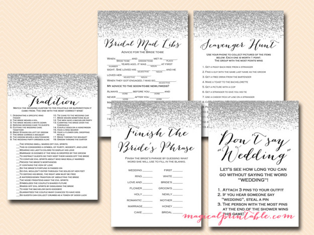 Silver Glitter Bridal Shower Game Pack - Magical Printable