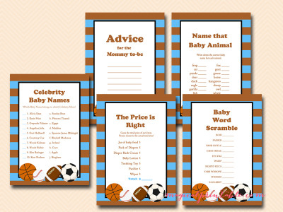 blue and brown all stars baby shower games, printable games, tlc96, instant download, baseball, basketball, football