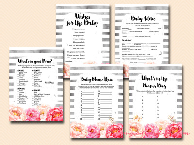 peonies watercolor baby shower game pack, tlc95, instant download