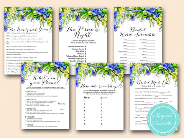 Elegant Blue Floral Bridal Shower Games Magical Printable