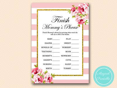 finish the phrase game Pink Floral Chic Baby Shower Game Pack