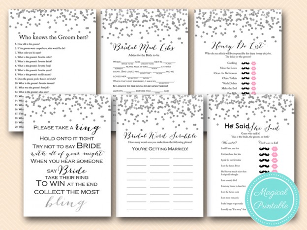 Silver Foil Confetti Bridal Shower Games Pack - Magical Printable