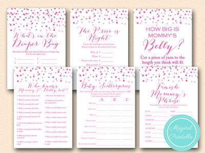 silver and pink girl baby shower game printable, pink confetti, baby girl tlc179