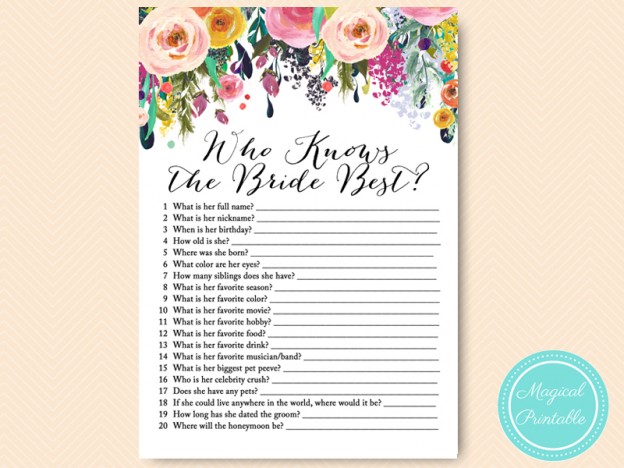 Floral Shabby Chic Garden Bridal Shower Games - Magical Printable