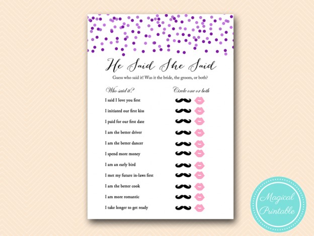 Purple Confetti Bridal Shower Games - Magical Printable