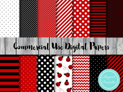 ladybug digital papers, mickey mouse digital papers, dp144, black and red