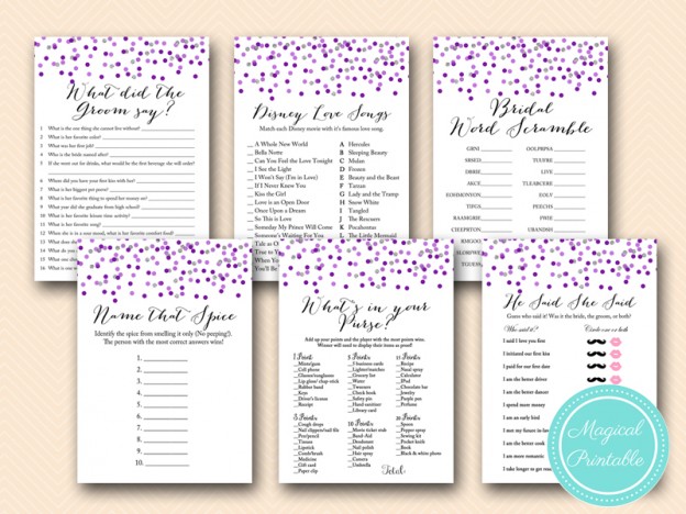 Purple Silver Bridal Shower Games - Magical Printable