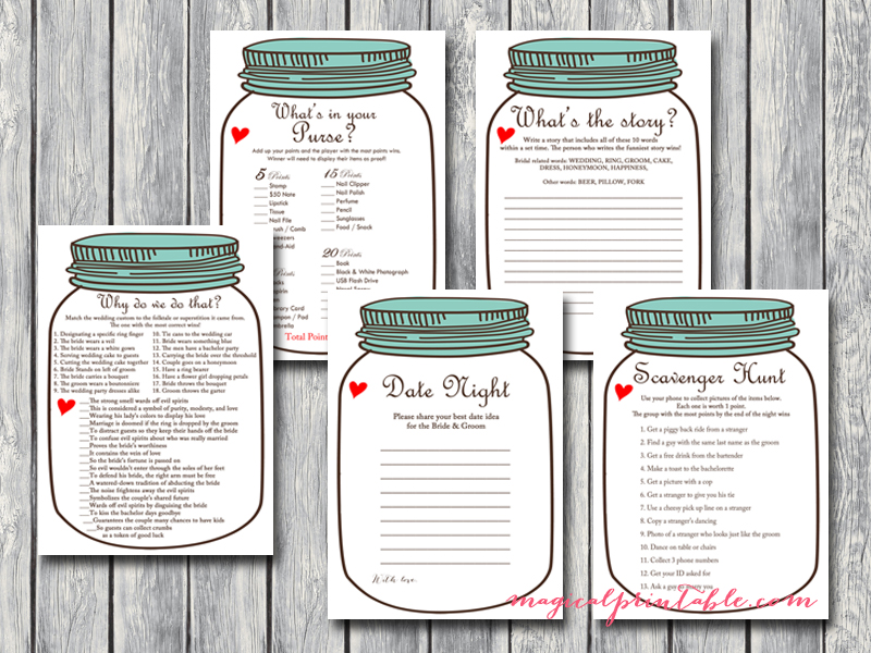 Rustic Mason Jars Bridal Shower Game Package
