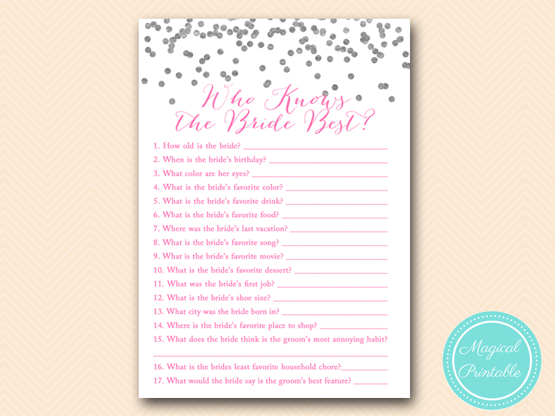 Silver Confetti & Hot Pink Bridal Shower Games - Magical Printable