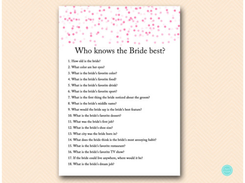 Pink Confetti Who knows the Bride Groom Best Game - Magical Printable