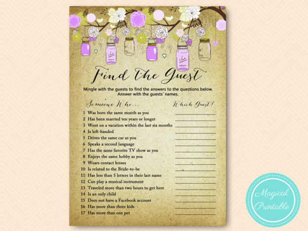 Purple Mason Jars Bridal Shower Games - Magical Printable