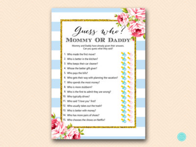 Baby Blue Stripes and Gold Baby Shower Games - Magical Printable