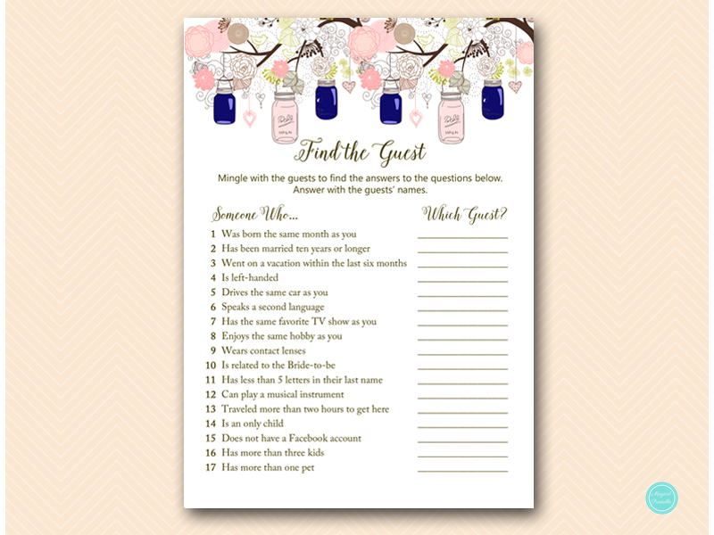 Pink and Navy Mason Jars Bridal Shower Games - Magical Printable