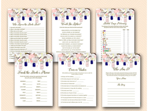 pink and blue mason jars bridal shower game printable package bs479