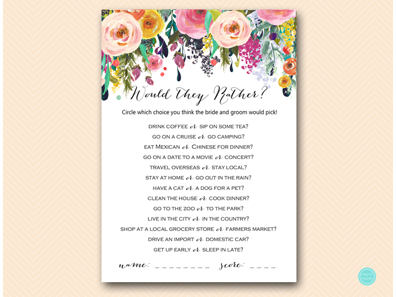 Floral Shabby Chic Would they rather bridal shower game - Magical Printable