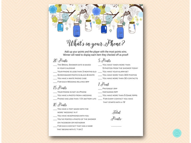 Navy Blue Mason Jars Bridal Shower Games - Magical Printable