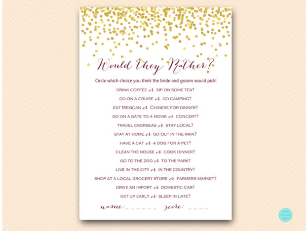 Gold and Maroon Bridal Shower Games - Magical Printable