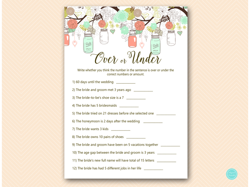 Mint & Coral Mason Jars Bridal Shower Games - Magical Printable